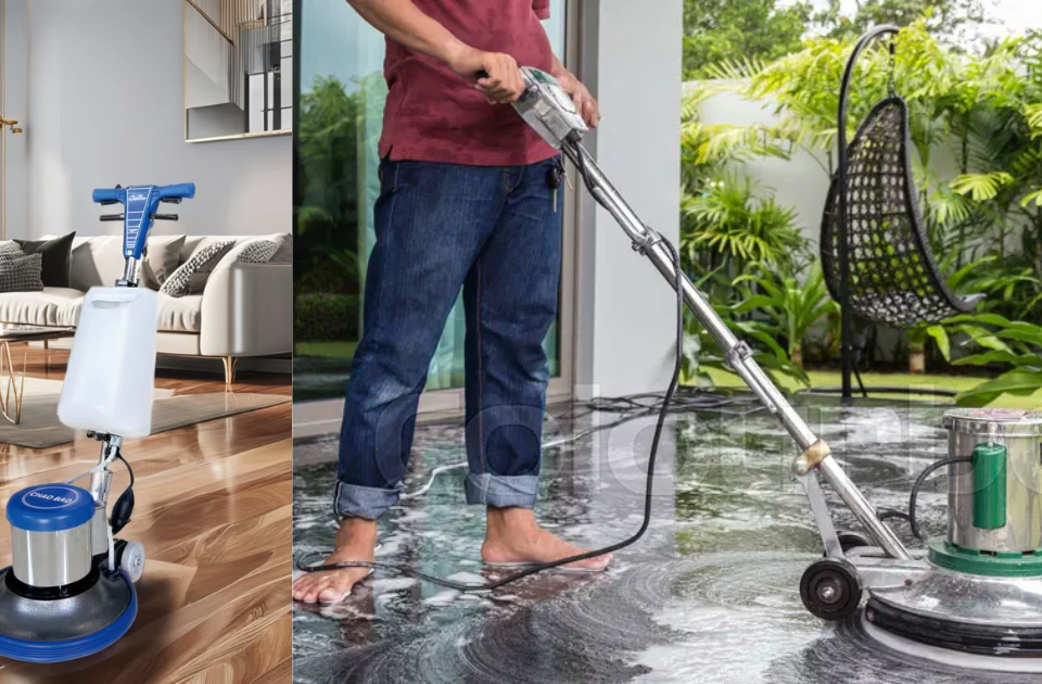 Professional floor cleaning machines used on polished indoor and outdoor stone surfaces